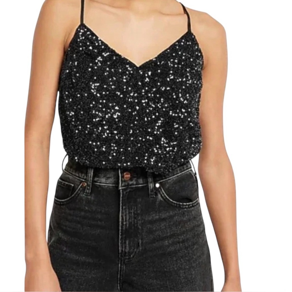 Express Black Sequin Bodysuit with spaghetti straps Size Small - Picture 1 of 13